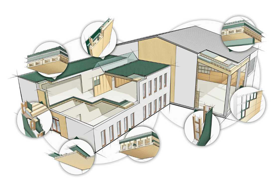 Edificio con struttura in legno ed Elementi strutturali nervati Lignotrend